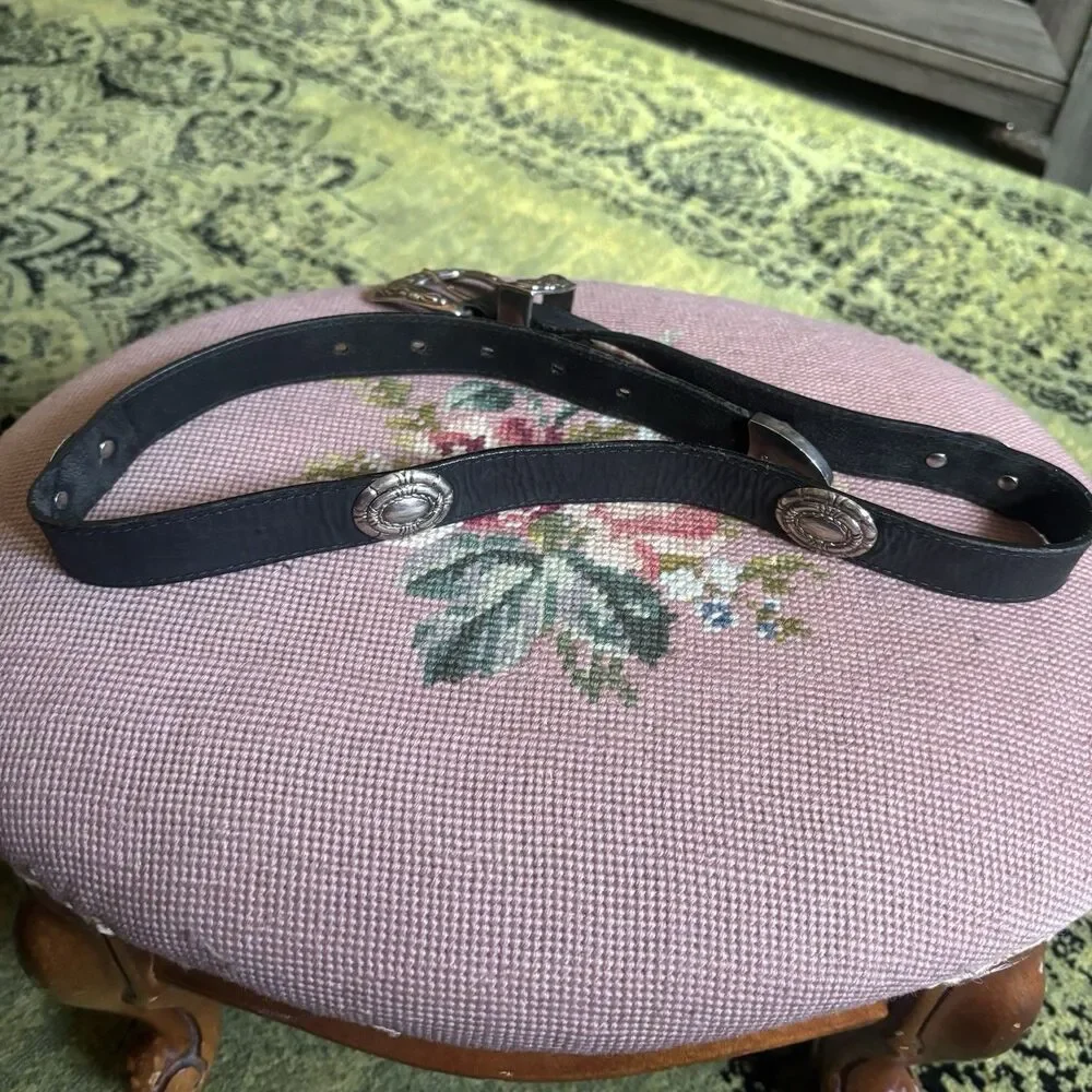 Vtg Concho Black Leather Belt Embossed Western Silver Buckle 32 Grunge Cowgirl